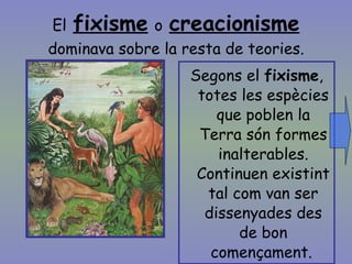 El   fixisme   o   creacionisme   dominava sobre la resta de teories. Segons el  fixisme , totes les espècies que poblen la Terra són formes inalterables. Continuen existint tal com van ser dissenyades des de bon començament.   