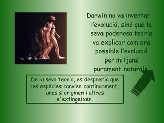 Darwin no va inventar l’evolució, sinó que la seva poderosa teoria va explicar com era possible l’evolució per mitjans purament naturals. De la seva teoria, es desprenia que les espècies canvien contínuament, unes s'originen i altres s'extingeixen. 