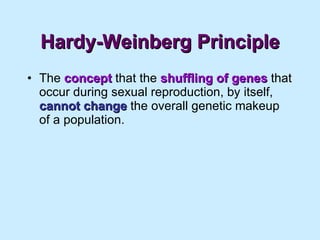 Hardy-Weinberg Principle The  concept  that the  shuffling of genes  that occur during sexual reproduction, by itself,  cannot change  the overall genetic makeup of a population. 