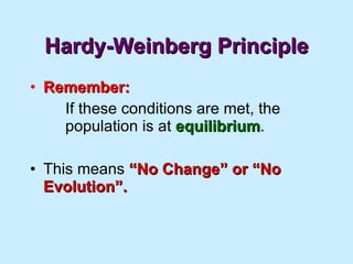Hardy-Weinberg Principle Remember: If these conditions are met, the  population is at  equilibrium . This means  “No Change” or “No Evolution”. 