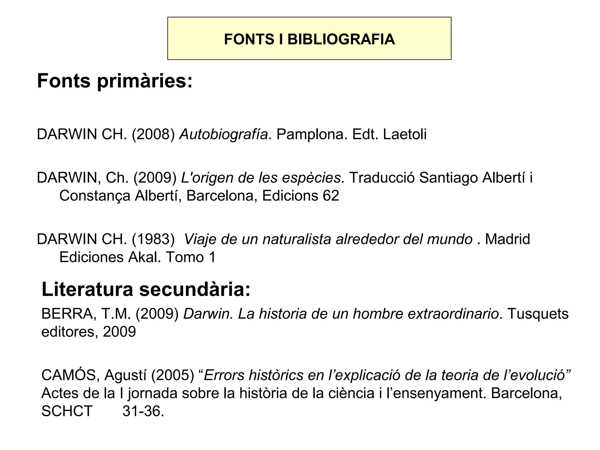 FONTS I BIBLIOGRAFIA

Fonts primàries:

DARWIN CH. (2008) Autobiografía. Pamplona. Edt. Laetoli

DARWIN, Ch. (2009) L'origen de les espècies. Traducció Santiago Albertí i
  Constança Albertí, Barcelona, Edicions 62

DARWIN CH. (1983) Viaje de un naturalista alrededor del mundo . Madrid
  Ediciones Akal. Tomo 1

Literatura secundària:
BERRA, T.M. (2009) Darwin. La historia de un hombre extraordinario. Tusquets
editores, 2009

CAMÓS, Agustí (2005) “Errors històrics en l’explicació de la teoria de l’evolució”
Actes de la I jornada sobre la història de la ciència i l’ensenyament. Barcelona,
SCHCT        31-36.
 