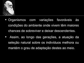  Organismos com variações favoráveis às
condições do ambiente onde vivem têm maiores
chances de sobreviver e deixar descendentes.
 Assim, ao longo das gerações, a atuação da
seleção natural sobre os indivíduos melhora ou
mantém o grau de adaptação destes ao meio.
 