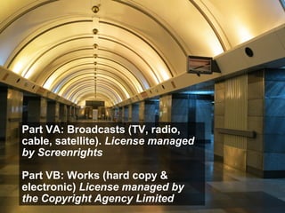 Part VA: Broadcasts (TV, radio,
cable, satellite). License managed
by Screenrights
Part VB: Works (hard copy &
electronic) License managed by
the Copyright Agency Limited
 