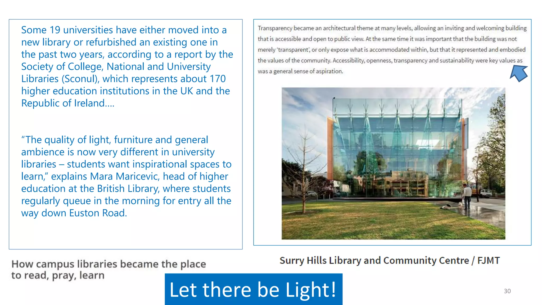 30
Some 19 universities have either moved into a
new library or refurbished an existing one in
the past two years, according to a report by the
Society of College, National and University
Libraries (Sconul), which represents about 170
higher education institutions in the UK and the
Republic of Ireland….
“The quality of light, furniture and general
ambience is now very different in university
libraries – students want inspirational spaces to
learn,” explains Mara Maricevic, head of higher
education at the British Library, where students
regularly queue in the morning for entry all the
way down Euston Road.
Let there be Light!
 