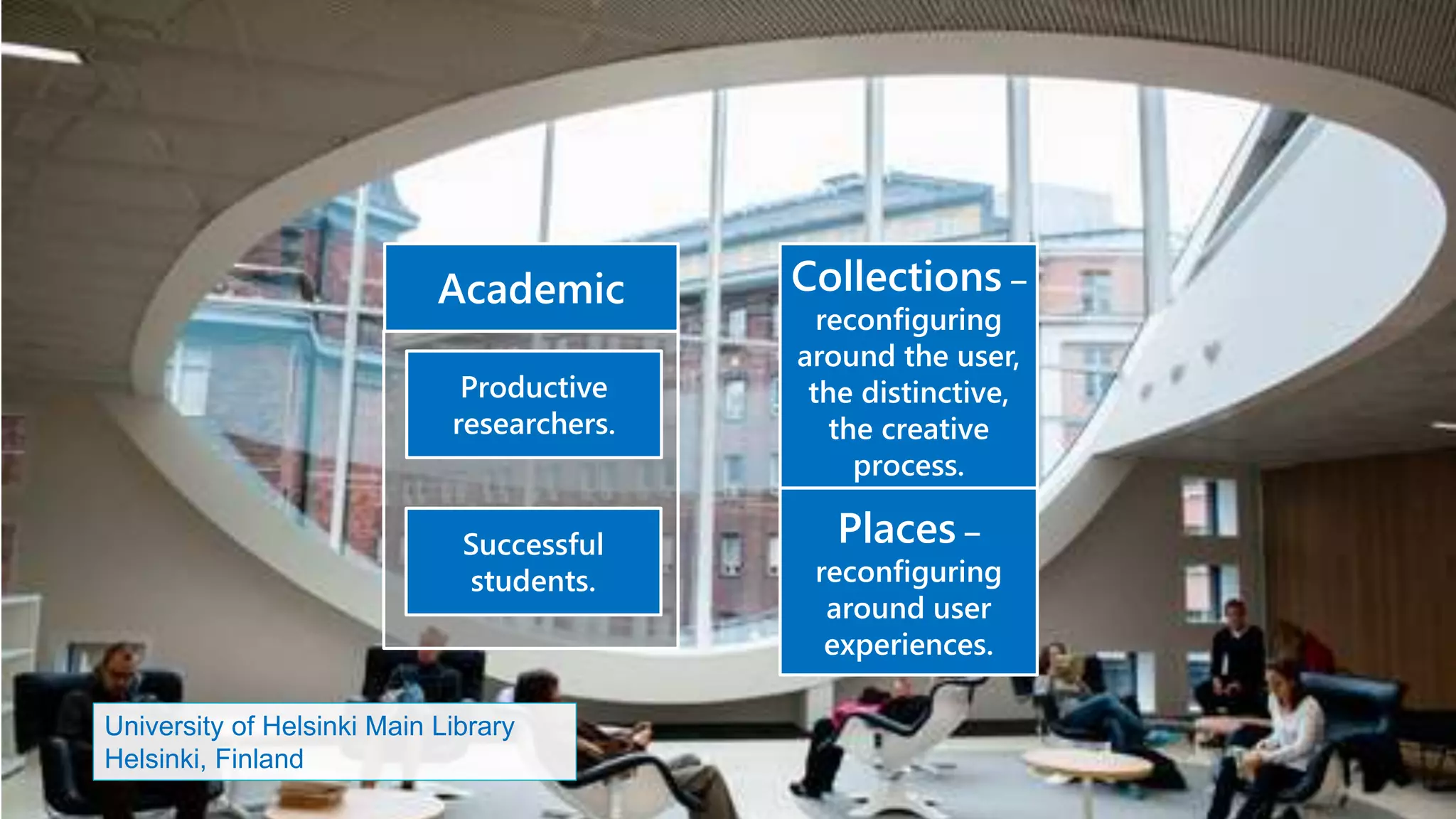 University of Helsinki Main Library
Helsinki, Finland
Productive
researchers.
Successful
students.
Academic
Places –
reconfiguring
around user
experiences.
Collections –
reconfiguring
around the user,
the distinctive,
the creative
process.
 