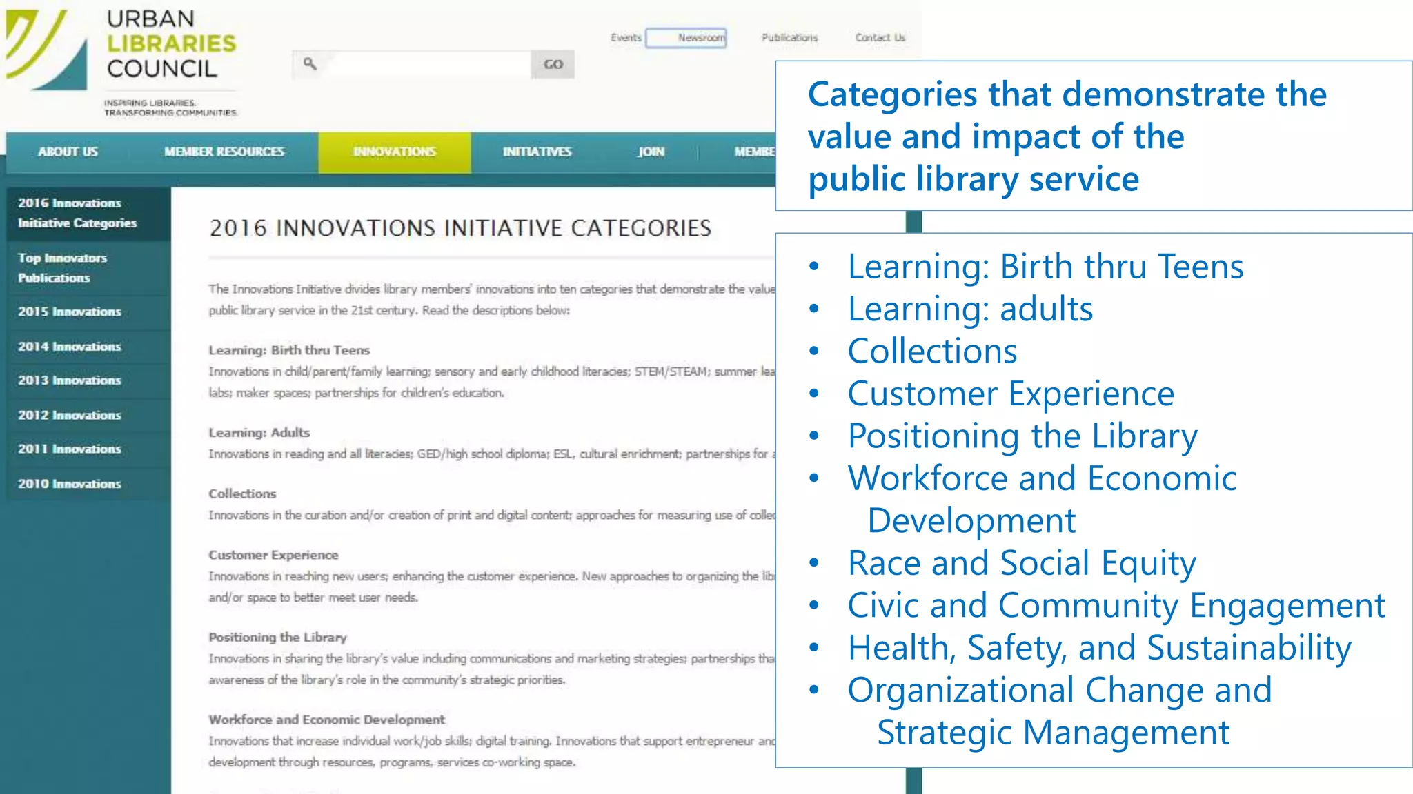 Categories that demonstrate the
value and impact of the
public library service
• Learning: Birth thru Teens
• Learning: adults
• Collections
• Customer Experience
• Positioning the Library
• Workforce and Economic
Development
• Race and Social Equity
• Civic and Community Engagement
• Health, Safety, and Sustainability
• Organizational Change and
Strategic Management
 