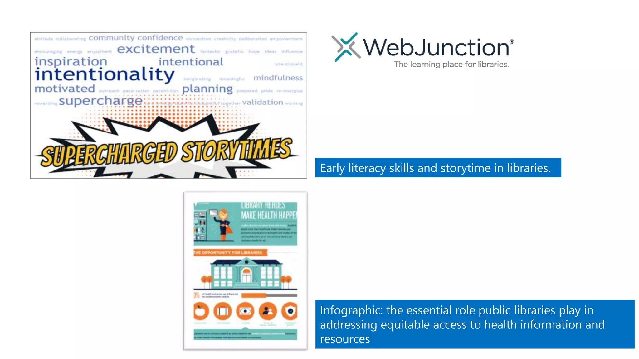 Early literacy skills and storytime in libraries.
Infographic: the essential role public libraries play in
addressing equitable access to health information and
resources
 