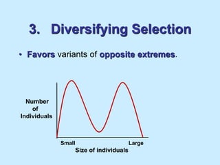 3. Diversifying Selection
• Favors variants of opposite extremes.
Number
of
Individuals
Size of individuals
Small Large
 