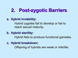 2. Post-zygotic Barriers
a. Hybrid inviability:
Hybrid zygotes fail to develop or fail to
reach sexual maturity.
b. Hybrid sterility:
Hybrid fails to produce functional gametes.
c. Hybrid breakdown:
Offspring of hybrids are weak or infertile.
 