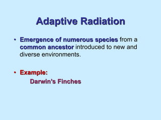 Adaptive Radiation
• Emergence of numerous species from a
common ancestor introduced to new and
diverse environments.
• Example:
Darwin’s Finches
 