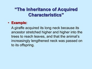 “The Inheritance of Acquired
Characteristics”
• Example:
A giraffe acquired its long neck because its
ancestor stretched higher and higher into the
trees to reach leaves, and that the animal’s
increasingly lengthened neck was passed on
to its offspring.
 