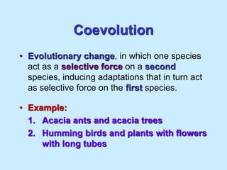 Coevolution
• Evolutionary change, in which one species
act as a selective force on a second
species, inducing adaptations that in turn act
as selective force on the first species.
• Example:
1. Acacia ants and acacia trees
2. Humming birds and plants with flowers
with long tubes
 