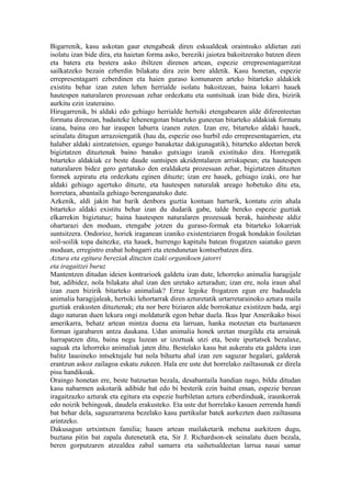 Bigarrenik, kasu askotan gaur etengabeak diren eskualdeak oraintsuko aldietan zati
isolatu izan bide dira, eta haietan forma asko, bereziki jaiotza bakoitzerako batzen diren
eta batera eta bestera asko ibiltzen direnen artean, espezie errepresentagarritzat
sailkatzeko bezain ezberdin bilakatu dira zein bere aldetik. Kasu honetan, espezie
errepresentagarri ezberdinen eta haien guraso komunaren arteko bitarteko aldakiek
existitu behar izan zuten lehen herrialde isolatu bakoitzean, baina lokarri hauek
hautespen naturalaren prozesuan zehar ordezkatu eta suntsituak izan bide dira, bizirik
aurkitu ezin izateraino.
Hirugarrenik, bi aldaki edo gehiago herrialde hertsiki etengabearen alde diferenteetan
formatu direnean, badaiteke lehenengotan bitarteko guneetan bitarteko aldakiak formatu
izana, baina oro har iraupen laburra izanen zuten. Izan ere, bitarteko aldaki hauek,
seinalatu ditugun arrazoiengatik (hau da, espezie oso hurbil edo errepresentagarrien, eta
halaber aldaki aintzatetsien, egungo banaketaz dakigunagatik), bitarteko aldeetan berek
bigiztatzen dituztenak baino banako gutxiago izanik existituko dira. Horregatik
bitarteko aldakiak ez beste daude suntsipen akzidentalaren arriskupean; eta hautespen
naturalaren bidez gero gertatuko den eraldaketa prozesuan zehar, bigiztatzen dituzten
formek azpiratu eta ordezkatu eginen dituzte; izan ere hauek, gehiago izaki, oro har
aldaki gehiago agertuko dituzte, eta hautespen naturalak areago hobetuko ditu eta,
horretara, abantaila gehiago berenganatuko dute.
Azkenik, aldi jakin bat barik denbora guztia kontuan harturik, kontatu ezin ahala
bitarteko aldaki existitu behar izan du dudarik gabe, talde bereko espezie guztiak
elkarrekin bigiztatuz; baina hautespen naturalaren prozesuak berak, hainbeste aldiz
ohartarazi den moduan, etengabe jotzen du guraso-formak eta bitarteko lokarriak
suntsitzera. Ondorioz, horiek iraganean izaniko existentziaren frogak hondakin fosiletan
soil-soilik topa daitezke, eta hauek, hurrengo kapitulu batean frogatzen saiatuko garen
moduan, erregistro erabat hobagarri eta etendunetan kontserbatzen dira.
Aztura eta egitura bereziak dituzten izaki organikoen jatorri
eta iragaitzei buruz
Mantentzen ditudan ideien kontrarioek galdetu izan dute, lehorreko animalia haragijale
bat, adibidez, nola bilakatu ahal izan den uretako azturadun; izan ere, nola iraun ahal
izan zuen bizirik bitarteko animaliak? Erraz legoke frogatzen egun ere badaudela
animalia haragijaleak, hertsiki lehortarrak diren azturetatik urtarretarainoko aztura maila
guztiak erakusten dituztenak; eta nor bere biziaren alde borrokatuz existitzen bada, argi
dago naturan duen lekura ongi moldaturik egon behar duela. Ikus Ipar Amerikako bisoi
amerikarra, behatz artean mintza duena eta larruan, hanka motzetan eta buztanaren
forman igarabaren antza daukana. Udan animalia honek uretan murgildu eta arrainak
harrapatzen ditu, baina negu luzean ur izoztuak utzi eta, beste ipurtatsek bezalaxe,
saguak eta lehorreko animaliak jaten ditu. Bestelako kasu bat aukeratu eta galdetu izan
balitz lauoineko intsektujale bat nola bihurtu ahal izan zen saguzar hegalari, galderak
erantzun askoz zailagoa eskatu zukeen. Hala ere uste dut horrelako zailtasunak ez direla
pisu handikoak.
Oraingo honetan ere, beste batzuetan bezala, desabantaila handian nago, bildu ditudan
kasu nabarmen askotarik adibide bat edo bi besterik ezin baitut eman, espezie berean
iragaitzazko azturak eta egitura eta espezie hurbiletan aztura ezberdinduak, iraunkorrak
edo noizik behingoak, daudela erakusteko. Eta uste dut horrelako kasuen zerrenda handi
bat behar dela, saguzarrarena bezelako kasu partikular batek aurkezten duen zailtasuna
arintzeko.
Dakusagun urtxintxen familia; hauen artean mailaketarik mehena aurkitzen dugu,
buztana pitin bat zapala dutenetatik eta, Sir J. Richardson-ek seinalatu duen bezala,
beren gorputzaren atzealdea zabal samarra eta saihetsaldeetan larrua nasai samar
 