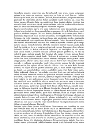 banandurik dituzten landareetan eta, hermafroditak izan arren, polena estigmaren
gainera berez jausten ez zaienetan, laguntzaren bat behar da ernal daitezen. Hainbat
klasetan polen aleak, arin eta loka izaki, haizeak, kasualitate hutsez, estigmara eramanez
gauzatzen da ernalkuntza; eta hau burura daitekeen biderik xumeena da. Modu hau
bezain xumea, diferentea bada ere, gertatzen da beste landare askotan, beraietan lore
simetriko batek nektar tanta batzuk jariatu eta honen ondorioz intsektuen bisita hartzen
baitu; eta intsektuek eramaten dute polena anteretatik estigmara.
Egoera xume honetatik, agortu ezin ahala mekanismotan zehar pasa gaitezke, guztiek
helburu bera dutelarik eta funtsean modu berean gauzatzen direlarik, baina lorearen atal
guztietan aldaketak eraginez. Nektarra forma ezberdineko ontzitxoetan gorde daiteke,
estamineak eta pistiloak modu askotara eraldaturik, inoiz segada antzeko mekanismoak
formatuz, eta beste batzuetan, hirritagarritasuna edo elastizitatea medio, mugimendu
bikainki moldatuak egiteko gai izanez. Egitura hauetatik, Crüger doktoreak Coryanthes-
ean oraintsu deskribaturikoa bezalako ohiz kanpoko moldaera kasuraino jo dezakegu
aurrera. Orkideo honek bere labelu edo behe-ezpainaren zati bat indusirik dauka, kubo
handi bat eginik, eta horra ur tanta ia garbi-garbiak erortzen dira gorago dituen adartxo
jariatzaile bietatik; eta kuboa erdi beterik dagoenean, ura isuri egiten da alde batean
duen kanale batetik. Labeluaren oinaldea kuboaren gainean geratzen da, eta hau ere
indusirik dago, ganbara antzeko bat formatuz albo-sarrera birekin; ganbara honen
barruan tolestura mamitsu bitxiak daude. Gizakumerik argienak ere, gertatzen denaren
lekuko izan ezean, ezin zukeen inoiz iruditu zertarako diren parte horiek guztiok. Baina
Crüger jaunak erlastar aldrak ikusi zituen orkideo horren lore erraldoietara bisitari
etorriak, ez nektarra zurrupatzeko, baizik kubo gaineko ganbara barruko tolesturak
marruskatzeko; hau egitean elkarri bultzaka ibiltzen ziren eta maiz kubo barrura
erortzen, eta hegoak bustirik geratzen zitzaienez gero, ez zuten handik hegaz irteterik,
eta kanale edo gainezkabideak eginiko pasabidetik narras irten behar izaten zuten.
Crüger doktoreak erlastarren "etengabeko prozesioa" ikusi zuen nahi gabeko bainutik
narras ateratzen. Pasabidea estua da eta goialdetik zutabeak estaltzen du, halatan non
erlastarrak, kanporako bidea urratzean, lehenbizi estigma liskatsuaren kontra igurzten
duen bizkarra eta gero polen-masen guruin liskatsuen kontra. Polen-masak, horretara,
lore zabalberri baten pasabidetik lehenen narras irtetea suertatzen zaion erlastarraren
bizkarrean itsasten dira eta kanpora eramaten ditu. Crüger doktoreak lore bat bidali
zidan alkoholetan, guztiz irten aurretik berak hiliko erlastar batekin, oraindik polen-
masa bat bizkarrean itsatsirik zuela. Horrela hornituriko erlastarrak beste lore batera,
edo berriro lore berera, hegaz egiten duenean eta erlastar lagunek kubora bultz egin eta
pasabidetik narras irteten denean, polen-masa nahitaez jartzen da estigma liskatsua
ukitzen eta itsatsi eta gero lorea ernaldu egiten da. Orain argi ikusten dugu azkenean zer
emendio daukan lorearen atal bakoitzak, adartxo ur-jariatzaileek, urez erdi beteriko
kuboak, honek erlastarrei kanpora hegaz egiten galarazten dielarik eta kanaletik narras
irtetzera eta hain egoki kokaturiko polen-masa liskatsuen eta estigma liskatsuaren kontra
bizkarra igurztera behartzen dituelarik.
Lorearen egitura beste orkideo hurbil batean, Catasetumean, oso bestelakoa da, xede
bera betetzen badu ere; eta bestea bezain bitxia da. Himenopteroak lore hauetara,
Coryanthesenetara bezala, labelua marruskatzera joaten dira; hau egitean, irtenune luze,
zorrotz eta sentibera bat, nik antena deitu diodana, ukitzen dute nahitaez. Antena honek,
ukitua jasotzean, zentzazio edo bibrazio bat transmititzen dio mintz bati eta hau bat-
batean apurtzen da; honek erresorte bat askatzen du, polen-masa gezi bat bezala artez
jaurtikitzen duena, ertz liskatsutik erlastarraren bizkarrean itsasten delarik. Horretara,
landare arraren polen-masak (orkideo honetan sexuak bereiz baitaude) landare emera
 