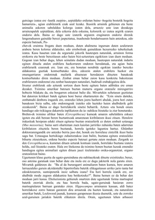 gutxiago izatea ere -lautik zazpira-, azpialdeko erdietan baino -hogeita bostetik hogeita
hamarrera-, agian erabilerarik ezak azal lezake. Ikusirik arrainik gehienen eta beste
animalia askoren sabelaldea kolorga izaten dela, arrazoiz uste izan dezakegu
arrainzapalek azpialdean, dela ezkerra dela eskuina, kolorerik ez izatea argirik ezaren
ondorio dela. Baina ez dago uste izaterik argiaren eraginaren ondorio direnik
lengoraduaren gainalde berezi jaspeztatua, itsashondo hondartsuaren hain antzekoa, edo
espezie batzuek, Pu-
chet-ek oraintsu frogatu duen moduan, duten ahalmena inguruan duten azaleraren
arabera beren kolorea aldatzeko, edo erreboiloak gainaldean hezurrezko tuberkuluak
izatea. Kasu hauetan izan du seguraski jokorik hautespen naturalak, arrainon forma
orokorra eta beste berezitasun asko haien bizi-azturetara egokitzen izan duen moduan.
Gogoan izan behar dugu, lehen seinalatu dudan moduan, hautespen naturalak indartu
eginen dituela atalen erabilera hazkorraren ondoren heredatuak, eta agian baita
erabilerarik ezarenak ere. Izan ere, era honetan norabide egokian izaniko berezko
aldakuntza guztiak kontserbatuko dira, edozein atalen erabilera hazkor eta
onuragarriaren ondorenak mailarik altuenean heredatzen dituzten banakoak
kontserbatuko diren moduan. Zenbat eman behar zaion kasu konkretu bakoitzean
erabileraren ondorenei eta zenbat hautespen naturalari, badirudi erabakigaitza dela.
Itxuraz erabilerak edo azturak sortzen duen beste egitura baten adibidea ere eman
dezaket. Tximino amerikar batzuen buztan muturra organo oratzaile miresgarriro
hobezin bilakatu da, eta bosgarren eskutzat balio die. Mivartekin xehetasun guztietan
bat datorren kritikari batek egitura honi buruz ohartarazten du: "Ezin sinets daiteke,
zenbatnahi denbora iraganik ere, oratzeko lehen joera hasberri ahulak, joera hori zuten
banakoen bizia salba, edo ondorengoak izateko edo hazteko haien ahalbiderik gehi
zezakeenik". Baina ez dago horrelakorik sinetsi beharrik. Aztura -eta honek onura
handiago edo txikiagoa dakarrela inplikatzen du ia- nahikoa litzateke ia ziur honetarako.
Brehm-ek tximino afrikar baten (Cercopithecus) kumeak amaren sabelaldera eskuez
igoten eta aldi berean beren buztantxoak amarenean kiribilatzen ikusi zituen. Henslow
irakasleak hesipean eduki zituen egituraz buztan oratzailerik ez duten zenbait uztasagu
(Mus messorius); baina sarri oharteman zuen kaiolan jarririko zuhaiska baten adarretan
kiribilatzen zituztela beren buztanak, horrela igoteko laguntza hartuz. Ghünther
doktorearengandik ere antzeko berria jaso dut, honek ere horrelaxe zintzilik ikusi baitu
sagu bat. Uztasagua hertsikiago zuhaitzetakoa izan balitz, buztana egitura oratzaileko
bihurtu zitzaiokeen, ordena bereko espezie batzuei gertatu zaien moduan. Zergatik ez
den Cercopithecus-a, kumetan dituen azturak kontuan izanik, horrelako buztana izatera
heldu, zail litzateke esaten. Hala ere litekeena da tximino honen buztan luzeak emendio
handiagoa egitea animaliari egiten dituen jauzi itzeletarako oreka-organotzat, organo
oratzailetzat baino.
Ugaztunen klase guztia da ugatz-guruinduna eta nahitaezkoak dituzte existitzeko; beraz,
oso antzina garatuak izan behar dute eta inola ere ez dugu jakiterik nola garatu ziren.
Mivartek galdetzen du: "Ba al da bururagarri animaliaren baten kumea, bere amaren
larruazaleko guruin akzidentalki hipertrofiatu batetik elikagaitasun urriko jario tanta bat
edoskitzearren, suntsipenetik inoiz salbatu izana? Eta hori horrela izanik ere, zer
ahalbide modu zegoen aldakuntza hau betikotzeko?". Baina hemen ez da behar den
moduan jarri kasua. Eboluzionista gehienek onartzen dute ugaztunak forma martsupial
batetik etorriak direla; eta hau horrela bada, ugatz-guruinak hasieran zorro
martsupialaren barruan garatuko ziren. Hippocampus arrainaren kasuan, aldi batez
horrelakoxe zorro batean garatzen dira arrautzak eta hazten kumeak; eta naturalista
amerikar batek, Lockwood jaunak, kumeen garapenean ikusia duenetik, uste du zorroko
azal-guruinen jariakin batetik elikatzen direla. Orain, ugaztunen lehen arbasoei
 