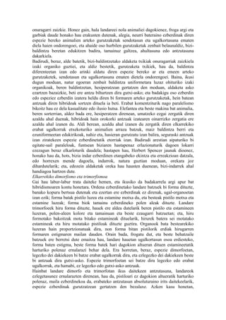 onuragarri zaizkie. Honez gain, hala landareei nola animaliei dagokienez, froga argi eta
garbiak daude honako hau erakusten dutenak, alegia, neurri bateraino ezberdinak diren
espezie bereko animalien arteko gurutzaketak sendotasun eta ugalkortasuna ematen
diela haien ondorengoei, eta ahaide oso hurbilen gurutzaketak zenbait belaunaldiz, bizi-
baldintza beretan edukitzen badira, tamainuz galtzea, ahultasuna edo antzutasuna
dakarkiela.
Badirudi, beraz, alde batetik, bizi-baldintzetako aldaketa txikiak onuragarriak zaizkiela
izaki organiko guztiei, eta aldiz bestetik, gurutzaketa txikiek, hau da, baldintza
diferenteetan izan edo arinki aldatu diren espezie bereko ar eta emeen arteko
gurutzaketek, sendotasun eta ugalkortasuna ematen dietela ondorengoei. Baina, ikusi
dugun moduan, natur egoeran zenbait baldintza uniformetara luzaz ohituriko izaki
organikoak, beren baldintzetan, hesiperatzean gertatzen den moduan, aldaketa asko
ezartzen bazaizkie, beti ere antzu bihurtzen dira gutxi-asko; eta badakigu oso ezberdin
edo espeziez ezberdin izatera heldu diren bi formaren arteko gurutzaketak, hein batean
antzuak diren hibridoak sortzen dituela ia beti. Erabat komentziturik nago paralelismo
bikoitz hau ez dela kasualitate edo ilusio hutsa. Elefantea eta beste makina bat animalia,
beren sorterrian, aldez bada ere, hesiperatzen direnean, umatzeko ezgai zergatik diren
azaldu ahal duenak, hibridoak hain orokorki antzuak izatearen oinarrizko zergatia ere
azaldu ahal izanen du. Aldi berean, azaldu ahal izanen du zergatik diren elkarrekiko
erabat ugalkorrak etxekoturiko animalien arraza batzuk, maiz baldintza berri eta
ezuniformeetan edukirikoak, nahiz eta, hasieran gurutzatu izan balira, seguraski antzuak
izan ziratekeen espezie ezberdinetatik etorriak izan. Badirudi arestian aipaturiko bi
egitate-sail paraleloak, funtsean biziaren hastapenaz erlazionaturik dagoen lokarri
ezezagun beraz elkarloturik daudela; hastapen hau, Herbert Spencer jaunak dioenez,
honako hau da, hots, bizia indar ezberdinen etangabeko ekintza eta erreakzioan datzala,
edo horrexen mende dagoela, indarrok, natura guztian moduan, orekara joz
dihardutelarik; eta, edozein aldaketak oreka hau hausten duenean, bizi-indarrek ahal
handiagoa hartzen dute.
Elkarrekiko dimorfismo eta trimorfismoa
Gai hau labur-labur trata daiteke hemen, eta ikusiko da badakarrela argi apur bat
hibridismoaren kontu honetara. Ordena ezberdinetako landare batzuek bi forma dituzte,
banako kopuru bertsua dutenak eta ezertan ere ezberdinak ez direnak, ugal-organoetan
izan ezik; forma batak pistilo luzea eta estamine motxa du, eta besteak pistilo motxa eta
estamine luzeak; forma biok tamainu ezberdineko polen aleak dituzte. Landare
trimorfoeek hiru forma dituzte, hauek ere aldea dutelarik beren pistilo eta estamineen
luzeran, polen-aleen kolore eta tamainuan eta beste ezaugarri batzuetan; eta, hiru
formotako bakoitzak mota bitako estamineak dituelarik, hirurek batera sei motatako
estamineak eta hiru motatako pistiloak dituzte guztira. Organook bata bestearekiko
luzeran hain proportzionatuak dira, non forma bitan pistilorik erdiak hirugarren
formaren estigmaren mailan dauden. Orain bada, frogatu dut, eta beste behatzaile
batzuek ere berretsi dute emaitza hau, landare hauetan ugalkortasun osoa erdiesteko,
forma baten estigma, beste forma batek hari dagokion altueran dituen estamineetatik
harturiko polenaz ernalarazi behar dela. Era horretan, beraz, espezie dimorfoetan,
legezko dei dakiekeen bi batze erabat ugalkorrak dira, eta ezlegezko dei dakiekeen beste
bi antzuak dira gutxi-asko. Espezie trimorfoetan sei batze dira legezko edo erabat
ugalkorrak, eta hamabi, ez legezko edo gutxi-asko antzuak.
Hainbat landare dimorfo eta trimorfotan ikus daitekeen antzutasuna, landareok
ezlegetasunez ernalarazten direnean, hau da, pistiloari ez dagokion altueratik harturiko
polenaz, maila ezberdinekoa da, erabateko antzutasun absoluturaino irits daitekeelarik,
espezie ezberdinak gurutzatzean gertatzen den bezalaxe. Azken kasu honetan,
 