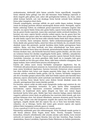 arrakastatsuetan, denboraldi jakin batean sorturiko forma espezifikoak, iraungiriko
forma zaharrak baino gehiago izan dira aldi batzuetan; baina badakigu espezieak ez
direla mugarik gabe gehituz joan, azken aldi geologikoetan bederen, eta, beraz, azken
aldiak kontuan harturik, uste izan dezakegu forma berriak sortzeak beste hainbeste
forma zahar iraungitzea ekarri duela.
Eskuarki norgehiagoka, aurrerago adibide eta guzti azaldu dugun moduan, biziagoa
izanen da ikuspegi guztietan elkarren antzekoagoak direnen artean. Horregatik, espezie
bateko ondorengo hobetu eta eraldatuek guraso-espeziearen suntsipena eraginen dute
eskuarki; eta espezie bateko forma asko garatu badira, espezie honen ahaide hurbilenek,
hau da, genero bereko espezieek, izanen dute suntsituak izateko arriskurik handiena. Era
horretan, nire ustez, espezie beretik sorturiko zenbait espezie, hau da, genero berri bat,
familia berekoa den genero zahar bat ordezkatzera dator. Baina maiz gertatu behar izan
da talde bateko espezie berri bat beste talde ezberdin bateko batek duen lekuaz jabetzea
eta, era horretan, haren suntsipena ekartzea. Sarkin arrakastatsuarengandik sorturiko
forma ahaide asko garatzen badira, askok bere lekua utzi beharko du; eta eskuarki forma
ahaideak izanen dira pairatzaile, guztiak heredatua duten halako gutxiagotasun baten
ondorioz. Baina, zein klase berekoak zein klase ezberdinekoak izan beste espezie
eraldatu eta hobetuei beren lekua utzi diotenak, pairatzaileetariko banaka batzuek luzaro
biziraun dezakete maiz, edo bizimolde bereziren batera egokitu direlako, edo leku urrun
eta isolaturen batean bizi direlako norgehiagoka bizitik aparte. Adibidez, sekundarioko
formazioetako genero handi bat den Trigonia generoko espezie batzuek bizirik diraute
Australiako itsasoetan; eta arrain ganoideen talde handi eta ia iraungiko kide gutxi
batzuk oraindik ere bizi dira gure uretan. Beraz, talde baten erabateko iraungipena, ikusi
dugun moduan, haien sorketa baino prozesu astirokoagoa da.
Familia edo ordena osoen itxuraz bat-bateko suntsipenari dagokionez, hau da,
Trilobiteak aldi paleozoikoaren amaieran eta Ammoniteak aldi sekundarioaren amaieran
jasan zutena bezalakoari dagokionez, hurrenez hurreneko formazioen artean seguraski
izan diren denbora tarte luzeez esan duguna gogoratu behar dugu; eta tarte hauetan
ziurrenik astiroko suntsiketa handia gertatu izan da. Gainera, bat-bateko inmigrazioa
edo ohi ez bezalako garapen azkarra bide, talde berri bateko espezie asko herrialde batez
jabetzean, espezie zaharretariko askok suntsituak izan beharko zuten berriak sartu ahala;
eta, era horretan, beren lekuak berriei uzten dizkien formak ahaideak izanen dira
eskuarki, gutxiagotasun bera izanen dutelako guztiak.
Era horretan, espezie soilak eta talde osoak iraungitzeko modua ongi uztartzen da, nire
ustez, hautespen naturalaren teoriarekin. Ez gaitu harritu behar iraungipenak;
harritzekotan, espezie bakoitzaren existentzia erabakitzen duten zirkunstantzia
askotariko eta konplexuak ulertu egiten ditugula une batez uste izatean dugun
harrokeriak harritu behar gaitu. Baldin lipar batez ahanzten badugu espezie bakoitzak
izugarriro gehitzera jotzen duela eta gehikuntza hau murrizten duten kausek, guk inoiz
gutxitan hauteman arren, beti ekinean dihardutela, naturaren ekonomia guztia ilun-ilun
jarriko zaigu. Zehatz esan ahal dezagunean zergatik den espezie hau beste hura baino
ugariagoa, zergatik ekandu ahal den espezie hau eta ez beste hura herrialde batera,
orduantxe, eta ez lehenago, harritu ahal izanen gaitu arrazoiz espezie edo espezie
talderen baten iraungipena azaltzeko gauza ez izateak.
Forma organikoak ia aldi berean aldatzen dira mundu guztian
Paleontologi aurkikunde gutxi dira nabarmenagoak, forma bizidunak mundu guztian ia
aldi berean aldatzen direla frogatu duena baino. Horrela, Europako formazio
kretazoikoa, klimarik ezberdineneko alde urrundu askotan aurki daiteke, kreta mineral
zatitxorik ere topatzerik ez dagoen lekuetan, hala nola Ipar Amerikan, Hego Amerika
ekuatorialean, Suaren Lurraldean, Esperantza Oneko Muturrean eta Indiako penintsulan.
 