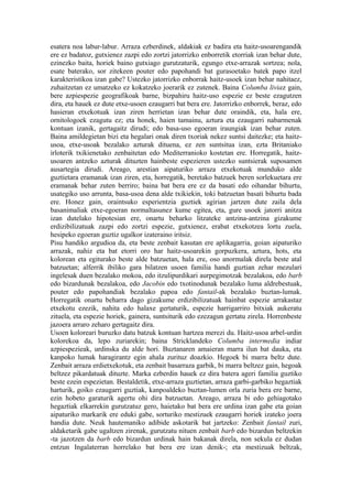 esatera noa labur-labur. Arraza ezberdinek, aldakiak ez badira eta haitz-usoarengandik
ere ez badatoz, gutxienez zazpi edo zortzi jatorrizko enborretik etorriak izan behar dute,
ezinezko baita, horiek baino gutxiago gurutzaturik, egungo etxe-arrazak sortzea; nola,
esate baterako, sor zitekeen pouter edo papohandi bat gurasoetako batek papo itzel
karakteristikoa izan gabe? Ustezko jatorrizko enborrak haitz-usoek izan behar nahitaez,
zuhaitzetan ez umatzeko ez kokatzeko joerarik ez zutenek. Baina Columba liviaz gain,
bere azpiespezie geografikoak barne, bizpahiru haitz-uso espezie ez beste ezagutzen
dira, eta hauek ez dute etxe-usoen ezaugarri bat bera ere. Jatorrizko enborrek, beraz, edo
hasieran etxekotuak izan ziren herrietan izan behar dute oraindik, eta, hala ere,
ornitologoek ezagutu ez; eta honek, haien tamainu, aztura eta ezaugarri nabarmenak
kontuan izanik, gertagaitz dirudi; edo basa-uso egoeran iraungiak izan behar zuten.
Baina amildegietan bizi eta hegalari onak diren txoriak nekez suntsi daitezke; eta haitz-
usoa, etxe-usoak bezalako azturak dituena, ez zen suntsitua izan, ezta Britaniako
irloterik txikienetako zenbaitetan edo Mediterranioko kostetan ere. Horregatik, haitz-
usoaren antzeko azturak dituzten hainbeste espezieren ustezko suntsierak suposamen
ausartegia dirudi. Areago, arestian aipaturiko arraza etxekotuak munduko alde
guztietara eramanak izan ziren, eta, horregatik, beretako batzuek beren sorlekuetara ere
eramanak behar zuten berriro; baina bat bera ere ez da basati edo oihandar bihurtu,
usategiko uso arrunta, basa-usoa dena alde txikiekin, toki batzuetan basati bihurtu bada
ere. Honez gain, oraintsuko esperientzia guztiek agirian jartzen dute zaila dela
basanimaliak etxe-egoeran normaltasunez kume egitea, eta, gure usoek jatorri anitza
izan dutelako hipotesian ere, onartu beharko litzateke antzina-antzina gizakume
erdizibilizatuak zazpi edo zortzi espezie, gutxienez, erabat etxekotzea lortu zuela,
hesipeko egoeran guztiz ugalkor izateraino iritsiz.
Pisu handiko argudioa da, eta beste zenbait kasutan ere aplikagarria, goian aipaturiko
arrazak, nahiz eta bat etorri oro har haitz-usoarekin gorpuzkera, aztura, hots, eta
kolorean eta egiturako beste alde batzuetan, hala ere, oso anormalak direla beste atal
batzuetan; alferrik ibiliko gara bilatzen usoen familia handi guztian zehar mezulari
ingelesak duen bezalako mokoa, edo itzulipurdikari aurpegimotzak bezalakoa, edo barb
edo bizardunak bezalakoa, edo Jacobin edo txotinodunak bezalako luma aldrebestuak,
pouter edo papohandiak bezalako papoa edo fantail-ak bezalako buztan-lumak.
Horregatik onartu beharra dago gizakume erdizibilizatuak hainbat espezie arrakastaz
etxekotu ezezik, nahita edo halaxe gertaturik, espezie harrigarriro bitxiak aukeratu
zituela, eta espezie horiek, gainera, suntsiturik edo ezezagun gertatu zirela. Horrenbeste
jazoera arraro zeharo gertagaitz dira.
Usoen koloreari buruzko datu batzuk kontuan hartzea merezi du. Haitz-usoa arbel-urdin
kolorekoa da, lepo zuriarekin; baina Stricklandeko Columba intermedia indiar
azpiespezieak, urdinska du alde hori. Buztanaren amaieran marra ilun bat dauka, eta
kanpoko lumak haragirantz egin ahala zurituz doazkio. Hegoek bi marra beltz dute.
Zenbait arraza erdietxekotuk, eta zenbait basarraza garbik, bi marra beltzez gain, hegoak
beltzez pikardatuak dituzte. Marka ezberdin hauek ez dira batera ageri familia guztiko
beste ezein espezietan. Bestaldetik, etxe-arraza guztietan, arraza garbi-garbiko hegaztiak
harturik, goiko ezaugarri guztiak, kanpoaldeko buztan-lumen orla zuria bera ere barne,
ezin hobeto garaturik agertu ohi dira batzuetan. Areago, arraza bi edo gehiagotako
hegaztiak elkarrekin gurutzatuz gero, haietako bat bera ere urdina izan gabe eta goian
aipaturiko markarik ere eduki gabe, sorturiko mestizuek ezaugarri horiek izateko joera
handia dute. Neuk hautemaniko adibide askotarik bat jartzeko: Zenbait fantail zuri,
aldaketarik gabe ugaltzen zirenak, gurutzatu nituen zenbait barb edo bizardun beltzekin
-ta jazotzen da barb edo bizardun urdinak hain bakanak direla, non sekula ez dudan
entzun Ingalaterran horrelako bat bera ere izan denik-; eta mestizuak beltzak,
 