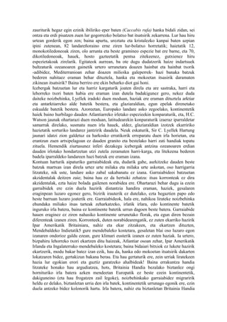 zauriturik hegaz egin ezinik ibiliriko eper baten (Caccabis rufa) hanka bidali zidan, sei
ontza eta erdi pisatzen zuen lur gogorrezko bolatxo bat itsatsirik zekarrena. Lur hau hiru
urtean gorderik egon zen; baina apurtu, ureztatu eta kristalezko kanpai baten azpian
ipini zutenean, 82 landareñoraino erne ziren lur-bolatxo horretatik; haietatik 12,
monokotiledoneoak ziren, olo arrunta eta beste gramineo espezie bat ere barne, eta 70,
dikotiledoneoak, hauek, hosto gazteetatik pentsa zitekeenez, gutxienez hiru
espezietakoak zirelarik. Egitateok aurrean, ba ote dugu dudatzerik haize indartsuek
bultzaturik ozeanoaren gainetik urtero urrunetara doazen hainbat eta hainbat txorik
-adibidez, Mediterranioan zehar doazen milioika galeperrek- hazi banaka batzuk
bederen nahitaez eraman behar dituztela, hanka eta mokoetan itsasirik daramaten
zikinean itsatsirik? Baina berriro ere ekin beharko diot gai honi.
Icebergak batzuetan lur eta harriz kargaturik joaten direla eta are sastraka, harri eta
lehorreko txori baten habia ere eraman izan dutela badakigunez gero, nekez duda
daiteke noizbehinka, Lyellek iradoki duen moduan, haziak ere eraman dituztela arktiar
eta antarktiarreko alde batetik bestera, eta glaziaraldian, egun epelak direnetako
eskualde batetik bestera. Azoreetan, Europako landare asko zegoelako, kontinentetik
haiek baino hurbilago dauden Atlantiarreko irletako espezieekin konparaturik, eta, H.C.
Watson jaunak ohartarazi duen moduan, latitudearekin konparaturik izaeraz iparraldetar
samarrak direlako, susmatu nuen irla hauek, aldez, glaziaraldian izotzek ekarririko
hazietatik sorturiko landarez jantzirik daudela. Neuk eskaturik, Sir C. Lyellek Hartung
jaunari idatzi zion galdetuz ea harkosko erratikorik erreparatu duen irla horietan, eta
erantzun zuen artxipelagoan ez dauden granito eta bestelako harri zati handiak topatu
zituela. Hemendik ziurtasunez inferi dezakegu icebergak antzina ozeanoaren erdian
dauden irlotako hondartzetan utzi zutela zeramaten harri-karga, eta litekeena bederen
badela iparraldeko landareen hazi batzuk ere eraman izana.
Kontuan harturik aipaturiko garraiabideak eta, dudarik gabe, aurkitzeke dauden beste
batzuk martxan izan direla urtez urte milaka eta milaka urte askotan, oso harrigarria
litzateke, nik uste, landare asko zabal sakabanatu ez izana. Garraiabideoi batzuetan
akzidentalak deitzen zaie; baina hau ez da hertsiki zehatza: itsas korronteak ez dira
akzidentalak, ezta haize bolada gailenen norabidea ere. Ohartarazi behar dugu ia ezein
garraibidek ere ezin duela hazirik distantzia handira eraman, haziek, gesalaren
eraginpean luzaro egonez gero, bizirik irauterik ez dutelako, ezta hegaztien papo edo
heste barruan luzaro joaterik ere. Garraiabideok, hala ere, nahikoa lirateke noizbehinka
ehundaka miliako itsas tarteak zeharkatzeko, irlatik irlara, edo kontinente batetik
inguruko irla batera, baina ez kontinente batetik urrun dagoen beste batera. Garraiabide
hauen eraginez ez ziren nahasiko kontinente urrunetako florak, eta egun diren bezain
diferenteak izanen ziren. Korronteek, duten norabidearengatik, ez zuten ekarriko hazirik
Ipar Amerikatik Britainiara, nahiz eta ekar zitzakeen, eta ekartzen dituzten,
Mendebaldeko Indietatik5 gure mendebaleko kostetara, gesaletan blai oso luzaro egon
izanaren ondorioz galdu ezean, gure klimari eusterik izanen ez zuten haziak. Ia urtero,
bizpahiru lehorreko txori ekartzen ditu haizeak, Atlantiar osoan zehar, Ipar Amerikatik
Irlanda eta Ingalaterrako mendebaleko kostetara; baina bidaiari bitxiok ez lukete hazirik
ekartzerik, modu bakar batez izan ezik, hau da, hanka edo mokoetan itsatsirik dakarten
lokatzaren bidez, gertakizun bakana berau. Eta hau gertaturik ere, zein urriak liratekeen
hazia lur egokian erori eta guztiz garatzeko ahalbideak! Baina errakuntza handia
litzateke honako hau argudiatzea, hots, Britainia Handia bezalako biztanlez ongi
hornituriko irla batera azken mendeetan Europatik ez beste ezein kontinentetik,
dakiguneino (eta hau frogatzen zail legoke), noizbehinkako garraiabidez migraririk
heldu ez delako, biztanletan urria den irla batek, kontinentetik urrunago egonik ere, ezin
duela antzeko bidez kolonorik hartu. Irla batera, nahiz eta biztanletan Britainia Handia
 