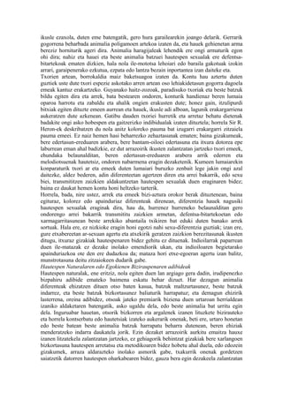 ikusle ezaxola, duten eme batengatik, gero hura garailearekin joango delarik. Gerrarik
gogorrena beharbada animalia poligamoen artekoa izaten da, eta hauek gehienetan arma
bereziz horniturik ageri dira. Animalia haragijaleak lehendik ere ongi armaturik egon
ohi dira; nahiz eta hauei eta beste animalia batzuei hautespen sexualak ere defentsa-
bitartekoak ematen dizkien, hala nola ile-mototsa lehoiari edo baraila gakotuak izokin
arrari, garaipenerako ezkutua, ezpata edo lantza bezain inportantea izan daiteke eta.
Txorien artean, borrokaldia maiz baketsuagoa izaten da. Kontu hau aztertu duten
guztiek uste dute txori espezie askotako arren artean oso lehiakidetasun gogorra dagoela
emeak kantuz erakartzeko. Guyanako haitz-zozoak, paradisuko txoriak eta beste batzuk
bildu egiten dira eta arrek, bata bestearen ondoren, konturik handienaz beren lumaia
oparoa harrotu eta zabaldu eta ahalik ongien erakusten dute; honez gain, itzulipurdi
bitxiak egiten dituzte emeen aurrean eta hauek, ikusle adi alboan, lagunik erakargarriena
aukeratzen dute azkenean. Gatibu dauden txoriei hurretik eta arretaz behatu dietenak
badakite ongi asko hobespen eta gaitzerizko indibidualak izaten dituztela; horrela Sir R.
Heron-ek deskribatzen du nola anitz koloreko pauma bat izugarri erakargarri zitzaiela
pauma emeei. Ez naiz hemen hasi beharrezko zehaztasunak ematen; baina gizakumeak,
bere edertasun-ereduaren arabera, bere bantam-oiloei edertasuna eta itxura dotorea epe
laburrean eman ahal badizkie, ez dut arrazoirik ikusten zalantzatan jartzeko txori emeek,
ehundaka belaunalditan, beren edertasun-ereduaren arabera arrik ederren eta
melodiotsuenak hautetsiz, ondoren nabarmena eragin dezaketenik. Kumeen lumaiarekin
konparaturik txori ar eta emeek duten lumaiari buruzko zenbait lege jakin ongi azal
daitezke, aldez bederen, adin diferenteetan agertzen diren eta arrei bakarrik, edo sexu
biei, transmititzen zaizkien aldakuntzetan hautespen sexualak duen eraginaren bidez;
baina ez daukat hemen kontu honi heltzeko tarterik.
Horrela, bada, nire ustez, arrek eta emeek bizi-aztura orokor berak dituztenean, baina
egituraz, kolorez edo apainduriaz diferenteak direnean, diferentzia hauek nagusiki
hautespen sexualak eraginak dira, hau da, hurrenez hurreneko belaunalditan gero
ondorengo arrei bakarrik transmititu zaizkien armetan, defentsa-bitartekoetan edo
xarmagarritasunean beste arrekiko abantaila txikiren bat eduki duten banako arrek
sortuak. Hala ere, ez nizkioke eragin honi egotzi nahi sexu-diferentzia guztiak; izan ere,
gure etxabereetan ar-sexuan agertu eta atxekirik geratzen zaizkion berezitasunak ikusten
ditugu, itxuraz gizakiak hautespenaren bidez gehitu ez dituenak. Indioilarrak paparrean
duen ile-matazak ez dezake inolako emendiorik ukan, eta indioiloaren begietarako
apainduriazkoa ote den ere dudazkoa da; mataza hori etxe-egoeran agertu izan balitz,
munstrotasuna deitu zitzaiokeen dudarik gabe.
Hautespen Naturalaren edo Egokienen Biziraupenaren adibideak
Hautespen naturalak, ene eritziz, nola egiten duen lan argiago gera dadin, irudipenezko
bizpahiru adibide emateko baimena eskatu behar dizuet. Har dezagun animalia
diferenteak ehizatzen dituen otso baten kasua, batzuk maltzurtasunez, beste batzuk
indarrez, eta beste batzuk bizkortasunez baliaturik harrapatuz; eta demagun ehizirik
lasterrena, oreina adibidez, otsoak jateko premiarik biziena duen urtaroan herrialdean
izaniko aldaketaren batengatik, asko ugaldu dela, edo beste animalia bat urritu egin
dela. Inguruabar hauetan, otsorik bizkorren eta argalenek izanen lituzkete bizirauteko
eta horrela kontserbatu edo hautetsiak izateko aukerarik onenak, beti ere, urtaro honetan
edo beste batean beste animalia batzuk harrapatu beharra dutenean, beren ehiziak
menderatzeko indarra daukatela jorik. Ezin dezaket arrazoirik aurkitu emaitza hauxe
izanen litzatekela zalantzatan jartzeko, ez gehiagorik behintzat gizakiak bere xarlangoen
bizkortasuna hautespen arretatsu eta metodikoaren bidez hobetu ahal duela, edo edozein
gizakumek, arraza aldarazteko inolako asmorik gabe, txakurrik onenak gordetzen
saiatzetik datorren hautespen oharkabearen bidez, gauza bera egin dezakeela zalantzatan
 