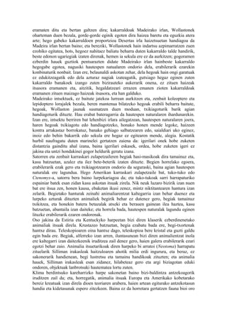 eramaten ditu eta bertan galtzen dira; kakarraldoak Madeirako irlan, Wollastonek
oharteman duen bezala, gorde-gorde eginik egoten dira haizea baretu eta eguzkia atera
arte; hego gabeko kakarraldoen proportzioa Desertas irla haizetsuetan handiagoa da
Madeira irlan bertan baino; eta bereziki, Wollastonek hain indartsu azpimarratzen zuen
ezohiko egitatea, hots, hegoez nahitaez baliatu beharra duten kakarraldo talde handirik,
beste edonon ugariegiak izaten direnak, hemen ia sekula ere ez da aurkitzen; gogoramen
ezberdin hauek guztiok pentsarazten didate Madeirako irlan hainbeste kakarraldo
hegogabe egotea, nagusiki hautespen natualaren ondorio dela, erabilerarik ezarekin
konbinaturik nonbait. Izan ere, belaunaldi askotan zehar, dela hegoak hain ongi garatuak
ez edukitzeagatik edo dela azturaz nagiak izateagatik, gutxiago hegaz eginen zuten
kakarraldo banakoek izango zuten bizirauteko aukerarik onena, ez zituen haizeak
itsasora eramanen eta, aitzitik, hegaldatzeari errazen emanen zioten kakarraldoak
eramanen zituen maizago haizeak itsasora, eta han galduko.
Madeirako intsektuek, ez baitute jatekoa lurrean aurkitzen eta, zenbait koleoptero eta
lepidoptero lorajalek bezala, beren mantenua bilatzeko hegoak erabili beharra baitute,
hegoak, Wollaston jaunak susmatzen duen moduan, txikiagoturik barik agian
handiagoturik dituzte. Hau erabat bateragarria da hautespen naturalaren ihardunarekin.
Izan ere, intsektu berriren bat lehenbizi irlara ailegatzean, hautespen naturalaren joera,
haren hegoak txikiagotu edo handiagotzeko, honako honen mende legoke, haizeen
kontra arrakastaz borrokatuz, banako gehiago salbatzearen edo, saialdiari uko eginez,
inoiz edo behin bakarrik edo sekula ere hegaz ez egitearen mende, alegia. Kostatik
hurbil naufragatu duten marinelei gertatzen zaiena da: igerilari onek hobe zuketen
distantzia gainditu ahal izana, baina igerilari eskasek, ordea, hobe zuketen igeri ez
jakina eta untzi hondakinei gogor heldurik geratu izana.
Satorren eta zenbait karraskari zulapetzaileren begiak hasi-masikoak dira tamainuz eta,
kasu batzuetan, azalez eta ilez bete-beterik izaten dituzte. Begien horrelako egoera,
erabilerarik ezak gero eta txikiagotzearen ondorio da seguraski, baina agian hautespen
naturalak ere lagundua. Hego Amerikan karraskari zulapetzaile bat, tuko-tuko edo
Ctenomys-a, satorra bera baino lurpekariagoa da; eta tuko-tukoak sarri harrapaturiko
espainiar batek esan zidan kasu askotan itsuak zirela. Nik neuk luzaro bizirik izan nuen
bat ere itsua zen, honen kausa, ebaketan ikusi zenez, mintz niktitantearen hantura izan
zelarik. Begietako hanturak zeinahi animaliarentzat kaltegarria izan behar duenez eta
lurpeko azturak dituzten animaliek begirik behar ez dutenez gero, begiak tamainuz
txikitzea, eta honekin batera betazalak atxeki eta berauen gainean ilea haztea, kasu
batzuetan, abantaila izan daiteke; eta horrela bada, hautespen naturalak lagundu eginen
lituzke erabilerarik ezaren ondorenak.
Oso jakina da Estiria eta Kentuckyko harpeetan bizi diren klaserik ezberdinenetako
animaliak itsuak direla. Krustazeo batzuetan, begia ezabatu bada ere, begi-txortenak
hantxe dirau. Teleskopioaren oina hantxe dago, teleskopioa bere kristal eta guzti galdu
egin bada ere. Begiak, alferreko izan arren, iluntasunean bizi diren animalientzat inola
ere kaltegarri izan daitezkeenik iruditzea zail denez gero, haien galera erabilerarik ezari
egotzi behar zaio. Animalia itsuetarikoak diren harpeko bi arratoi (Neotoma) harrapatu
zituelarik Silliman irakasleak haitzuloaren ahotik milia erdi ingurura, eta beraz, ez
sakonerarik handienean, begi lustretsu eta tamainu handikoak zituzten; eta animalia
hauek, Silliman irakasleak esan zidanez, hilabeteaz gero eta argi biziagotan eduki
ondoren, objektuak lanbrotsuki hautematea lortu zuten.
Klima berdintsuko kareharrizko harpe sakonetan baino bizi-baldintza antzekoagorik
iruditzen zail da; eta, horregatik, animalia itsuak Europa eta Amerikako kobetarako
bereiz kreatuak izan direla dioen teoriaren arabera, haien artean egiturako antzekotasun
handia eta kidetasunak espero zitezkeen. Baina ez da horretara gertatzen fauna bioi oro
 