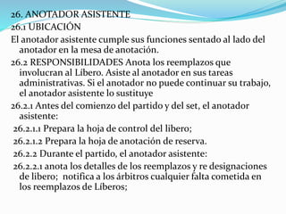 26. ANOTADOR ASISTENTE
26.1 UBICACIÓN
El anotador asistente cumple sus funciones sentado al lado del
anotador en la mesa de anotación.
26.2 RESPONSIBILIDADES Anota los reemplazos que
involucran al Líbero. Asiste al anotador en sus tareas
administrativas. Si el anotador no puede continuar su trabajo,
el anotador asistente lo sustituye
26.2.1 Antes del comienzo del partido y del set, el anotador
asistente:
26.2.1.1 Prepara la hoja de control del libero;
26.2.1.2 Prepara la hoja de anotación de reserva.
26.2.2 Durante el partido, el anotador asistente:
26.2.2.1 anota los detalles de los reemplazos y re designaciones
de libero; notifica a los árbitros cualquier falta cometida en
los reemplazos de Líberos;
 