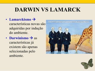 DARWIN VS LAMARCKLamarckismo  características novas são adquiridas por indução do ambiente.Darwinismo  as características já existem são apenas selecionadas pelo ambiente.