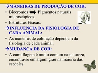 MANEIRAS DE PRODUÇÃO DE COR:Biocromos         Pigmentos naturais microscópicos.Estruturas Físicas.INFLUENCIA DA FISIOLOGIA DE CADA ANIMAL:As maneiras de coloração dependem da fisiologia de cada animal.MUDANÇA DE COR:A camuflagem é muito comum na natureza, encontra-se em algum grau na maioria das espécies.