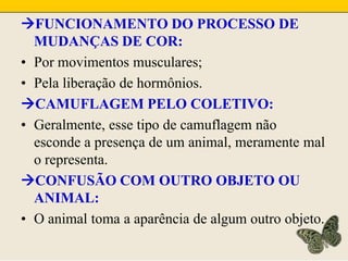 FUNCIONAMENTO DO PROCESSO DE MUDANÇAS DE COR:Por movimentos musculares;Pela liberação de hormônios.CAMUFLAGEM PELO COLETIVO:Geralmente, esse tipo de camuflagem não esconde a presença de um animal, meramente mal o representa.CONFUSÃO COM OUTRO OBJETO OU ANIMAL:O animal toma a aparência de algum outro objeto.