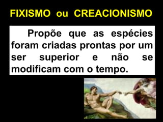 FIXISMO ou CREACIONISMO
Propõe que as espécies
foram criadas prontas por um
ser superior e não se
modificam com o tempo.
 