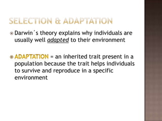  Darwin´stheory explains why individuals are
 usually well adapted to their environment

               = an inherited trait present in a
 population because the trait helps individuals
 to survive and reproduce in a specific
 environment
 