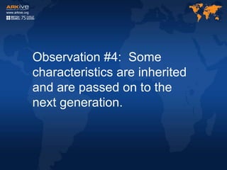 Observation #4: Some
characteristics are inherited
and are passed on to the
next generation.
 