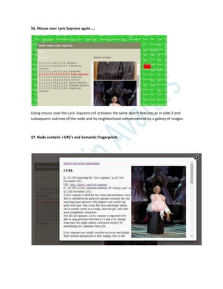 16. Mouse over Lyric Soprano again ….
Doing mouse over the Lyric Soprano cell activates the same search features as in slide 2 and
subsequent: sub tree of the node and its neighborhood complemented by a gallery of images.
17. Node content: i-URL’s and Semantic Fingerprints
 