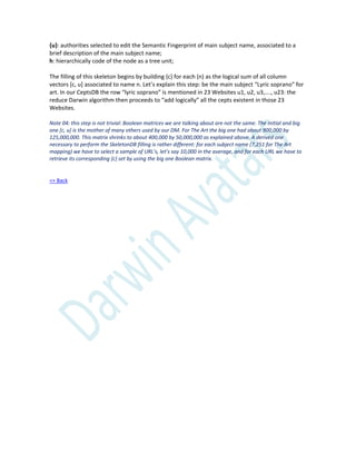{u}: authorities selected to edit the Semantic Fingerprint of main subject name, associated to a
brief description of the main subject name;
h: hierarchically code of the node as a tree unit;
The filling of this skeleton begins by building {c} for each (n) as the logical sum of all column
vectors *c, u+ associated to name n. Let’s explain this step: be the main subject “Lyric soprano” for
art. In our CeptsDB the row “lyric soprano” is mentioned in 23 Websites u1, u2, u3,…., u23: the
reduce Darwin algorithm then proceeds to “add logically” all the cepts existent in those 23
Websites.
Note 04: this step is not trivial: Boolean matrices we are talking about are not the same. The initial and big
one [c, u] is the mother of many others used by our DM. For The Art the big one had about 900,000 by
125,000,000. This matrix shrinks to about 400,000 by 50,000,000 as explained above. A derived one
necessary to perform the SkeletonDB filling is rather different: for each subject name (7,251 for The Art
mapping) we have to select a sample of URL’s, let’s say 10,000 in the average, and for each URL we have to
retrieve its corresponding {c} set by using the big one Boolean matrix.
=> Back
 