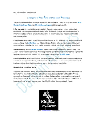 As a methodology it also means:
[intelligence to know Amap and Asap about Knowledge]
The result is the end of the acronym: eventually the whole K or a piece of it, for instance a HKM,
Human Knowledge Map or an IR, Intelligence Report, at large a piece of K.
i, the first step: In a human to human relation, Aiware representatives versus prospective
customers, Aiware representatives have to “infer” from their prospective customers their “in
mind” ideas about what to get as a final outcome of Aiware’s services. These ideas must be
precisely described.
k, the second step: Aiware experts must create a primal set of “keywords” to detect and retrieve
amap and asap A’s (Authorities) and (K) accordingly. This set is the semantic arsenal to unveil
amap and asap A’s and K: the more k’s become concepts the more their unveiling potentiality.
A, the third step: within Darwin Ontology the entities that certify semantic validity are A’s. As
Aiware works under this ontology Darwin agents and algorithms under human control explore the
whole Web searching for A’s that “fit” better Aiware’s customers in mind ideas.
K, the fourth step: where K stands for human knowledge. Darwin agents and algorithms working
under human supervision detect, collect and classify more than necessary raw information and
intelligence, in order to build meaningful pieces of the required knowledge.
How the ikAK Procedure works
A prospective customer, either personally or as a representative of a group, has a need under the
form of an “in mind” idea. The idea is finally unveiled, discussed and it will head the Aiware
proposal. As the work is going to be performed via the Web all the necessary information and
intelligence to satisfy the prospective customer need must be detected and retrieved from it, a
huge data Ocean actually holding more than 30.000 million document (Web Pages).
Source: “Underground Art”, London Metro
 