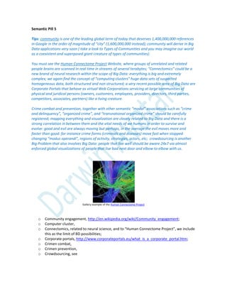 Semantic Pill 5
Tips: community is one of the leading global term of today that deserves 1,400,000,000 references
in Google in the order of magnitude of “city” (1,600,000,000 instead); community will derive in Big
Data applications very soon ( take a look to Types of Communities and you may imagine our world
as a coexistent and superposed giant creature of types of communities).
You must see the Human Connectome Project Website, where groups of unrelated and related
people brains are scanned in real time in streams of several terabytes; “Connectomics” could be a
new brand of neural research within the scope of Big Data: everything is big and extremely
complex; we again find the concept of “computing clusters” huge data sets of suspected
homogeneous data, both structured and non structured; a very recent possible area of Big Data are
Corporate Portals that behave as virtual Web Corporations servicing at large communities of
physical and juridical persons (owners, customers, employees, providers, directors, third parties,
competitors, associates, partners) like a living creature.
Crime combat and prevention, together with other semantic “modal” associations such as “crime
and delinquency”, “organized crime”, and “transnational organized crime” should be carefully
registered; mapping everything and visualization are closely related to Big Data and there is a
strong correlation in between them and the vital needs of we humans in order to survive and
evolve: good and evil are always moving but perhaps, in the average the evil moves more and
faster than good: for instance crime forms (criminals and diseases) move fast when stopped
changing “modus operandi”, regions of activity, strategies, actors, etc; crowdsourcing is another
Big Problem that also involves Big Data: people that live well should be aware 24x7 via almost
enforced global visualizations of people that live bad next door and elbow to elbow with us.
Gallery example of the Human Connectome Project
o Community engagement, http://en.wikipedia.org/wiki/Community_engagement;
o Computer cluster,
o Connectomics, related to neural science, and to “Human Connectome Project”, we include
this as the limit of BD possibilities;
o Corporate portals, http://www.corporateportals.eu/what_is_a_corporate_portal.htm;
o Crimen combat,
o Crimen prevention,
o Crowdsourcing, see
 