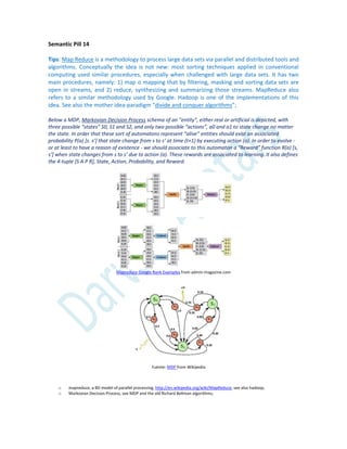 Semantic Pill 14
Tips: Map Reduce is a methodology to process large data sets via parallel and distributed tools and
algorithms. Conceptually the idea is not new: most sorting techniques applied in conventional
computing used similar procedures, especially when challenged with large data sets. It has two
main procedures, namely: 1) map o mapping that by filtering, masking and sorting data sets are
open in streams, and 2) reduce, synthesizing and summarizing those streams. MapReduce also
refers to a similar methodology used by Google. Hadoop is one of the implementations of this
idea. See also the mother idea-paradigm “divide and conquer algorithms”;
Below a MDP, Markovian Decision Process schema of an “entity”, either real or artificial is depicted, with
three possible “states” S0, S1 and S2, and only two possible “actions”, a0 and a1 to state change no matter
the state. In order that these sort of automatons represent “alive” entities should exist an associated
probability P(a) *s. s’+ that state change from s to s’ at time (t+1) by executing action (a). In order to evolve -
or at least to have a reason of existence - we should associate to this automaton a “Reward” function R(a) *s,
s’+ when state changes from s to s’ due to action (a). These rewards are associated to learning. It also defines
the 4-tuple [S A P R], State, Action, Probability, and Reward.
Mapreduce Google Rank Examples from admin-magazine.com
Fuente: MDP from Wikipedia
o mapreduce, a BD model of parallel processing, http://en.wikipedia.org/wiki/MapReduce, see also hadoop;
o Markovian Decision Process, see MDP and the old Richard Bellman algorithms;
 