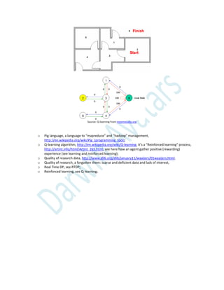 Source: Q-learning from mnemstudio.org
o Pig language, a language to “mapreduce” and “hadoop” management,
http://en.wikipedia.org/wiki/Pig_(programming_tool);
o Q-learning algorithm, http://en.wikipedia.org/wiki/Q-learning, it’s a “Reinforced learning” process,
http://artint.info/html/ArtInt_265.html, see here how an agent gather positive (rewarding)
experience (see learning and reinforced learning);
o Quality of research data, http://www.dlib.org/dlib/january11/waaijers/01waaijers.html;
o Quality of research, a forgotten them: scarce and deficient data and lack of interest;
o Real Time DP, see RTDP;
o Reinforced learning, see Q-learning;
 