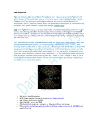 Semantic Pill 22
Tips: SBA that stands for Search Based Applications, make reference a “semantic Applications”
where the core of the architecture rests on a “semantic search engine”. Data should be - ideally -
fully structured from a semantic point of view: however it is possible to build via Artificial
Intelligence a sort of “Semantic Glasses” to see the whole Web or part/region of it as semantically
structured. See Darwin Semantic Glasses in the e-book “Semantic Web”.
SDSS, Sloan Digital Sky Survey, is a project for mapping the universe has obtained deep, multi-color images
covering more than a quarter of the sky and created 3-dimensional maps containing more than 930,000
galaxies and more than 120,000 quasars. You may click on the figure below (in the Website) and you will go
to an enlarged vision of it with the Earth in the center and a point representing a galaxy typically containing
100 billion stars each!
SML, Social Media Listening, Social Media Monitoring and Social Media Measurement, deals with
paying attention to what “people” say about anything, fundamentally having in mind a Web
Ontology that “sees” the Web as a dual continuous interacting model: the “Established Order” (the
law, governments and governors, all type of institutions, authorities, teachers, masters and who
teach, fabricants and sellers of products and services,…) by one side and the people as the other
(governed, users, who learn, students, buyers, solicitants, ….). See SMM Social Media Monitoring
from Huffington Post.com that textually affirms that “it pays to listen”. I prefer to think of it as a
technology solution to what my mother told me when monitoring my growing up: God gave you
two ears and one mouth for a reason;
Galaxy Mapping, from Sdss.org
o SBA, Search Based Application;
o SDSS, the world project to map the Universe, http://www.sdss.org/;
o Search Based Applications, see SBA;
o Sloan Digital Sky Survey, see SDSS;
o SML, Social Media Listening, a neologism by SMM, Social Media Monitoring;
o SMM, http://www.huffingtonpost.com/robert-ball/social-media-monitoring-i_b_833702.html, it
pays for listening.
 