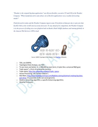 "Weather is the original big data application," says Bryson Koehler, executive VP and CIO at the Weather
Company. "When mainframes first came about, one of the first applications was a weather forecasting
model."
Flash forward to today and the Weather Company ingests some 20 terabytes of data per day to spin out what
Keohler bills as the world's most accurate forecasts. To stay ahead of its competition, the Weather Company
is in the process of rolling out a new platform built on Basho's Riak NoSQL database and running globally in
the Amazon Web Services (AWS) cloud.
Source: DARPA Topological Data Analysis, from Big Data, Wikipedia
o TDA, see DARPA;
o Topological Data Analysis, see TDA;
o To see more and better, G: 1,340,000 as exact term; it looks like a universal R&D goal;
o Tuple space*, a form of associative memory;
o Tuple space, http://en.wikipedia.org/wiki/Tuple_space;
o Vector Processing, see “Darwin textons”;
o Wal-Mart, http://www.bigdata-startups.com/BigData-startup/walmart-making-big-data-
part-dna/, it’s a pioneer in BD, see social genome;
o Watkins Q-learning algorithm, a specific Q-learning algorithm;
o Weather forecasts;
 