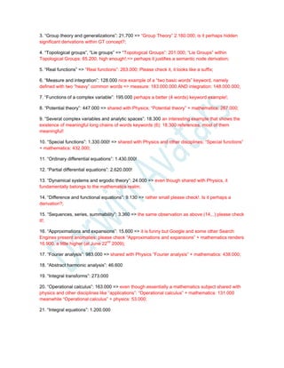 3. “Group theory and generalizations”: 21.700 => “Group Theory” 2.160.000; is it perhaps hidden
significant derivations within GT concept?;
4. “Topological groups”, “Lie groups” => “Topological Groups”: 201.000; “Lie Groups” within
Topological Groups: 65.200, high enough!;=> perhaps it justifies a semantic node derivation;
5. “Real functions” => “Real functions”: 263.000; Please check it, it looks like a suffix;
6. “Measure and integration”: 128.000 nice example of a “two basic words” keyword, namely
defined with two “heavy” common words => measure: 183.000.000 AND integration: 148.000.000;
7. “Functions of a complex variable”: 195.000 perhaps a better (4 words) keyword example!;
8. “Potential theory”: 447.000 => shared with Physics; “Potential theory” + mathematics: 267.000;
9. “Several complex variables and analytic spaces”: 18.300 an interesting example that shows the
existence of meaningful long chains of words keywords (6): 18.300 references, most of them
meaningful!
10. “Special functions”: 1.330.000! => shared with Physics and other disciplines; “Special functions”
+ mathematics: 432.000;
11. “Ordinary differential equations”: 1.430.000!
12. “Partial differential equations”: 2.620.000!
13. “Dynamical systems and ergodic theory”: 24.000 => even though shared with Physics, it
fundamentally belongs to the mathematics realm;
14. “Difference and functional equations”: 9.130 => rather small please check!. Is it perhaps a
derivation?;
15. “Sequences, series, summability”: 3.360 => the same observation as above (14,..) please check
it!;
16. “Approximations and expansions”: 15.600 => it is funny but Google and some other Search
Engines present anomalies: please check “Approximations and expansions” + mathematics renders
16.900, a little higher (at June 22nd
2009);
17. “Fourier analysis”: 983.000 => shared with Physics “Fourier analysis” + mathematics: 438.000;
18. “Abstract harmonic analysis”: 46.600
19. “Integral transforms”: 273.000
20. “Operational calculus”: 163.000 => even though essentially a mathematics subject shared with
physics and other disciplines like “applications”: “Operational calculus” + mathematics: 131.000
meanwhile “Operational calculus” + physics: 53.000;
21. “Integral equations”: 1.200.000
 