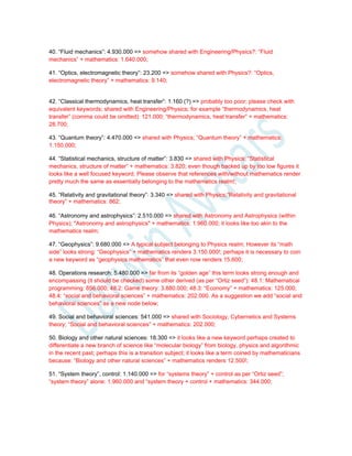 40. “Fluid mechanics”: 4.930.000 => somehow shared with Engineering/Physics?: “Fluid
mechanics” + mathematics: 1.640.000;
41. “Optics, electromagnetic theory”: 23.200 => somehow shared with Physics?: “Optics,
electromagnetic theory” + mathematics: 9.140;
42. “Classical thermodynamics, heat transfer”: 1.160 (?) => probably too poor; please check with
equivalent keywords; shared with Engineering/Physics; for example “thermodynamics, heat
transfer” (comma could be omitted): 121.000; “thermodynamics, heat transfer” + mathematics:
28.700;
43. “Quantum theory”: 4.470.000 => shared with Physics; “Quantum theory” + mathematics:
1.150.000;
44. “Statistical mechanics, structure of matter”: 3.830 => shared with Physics; “Statistical
mechanics, structure of matter” + mathematics: 3.820; even though backed up by too low figures it
looks like a well focused keyword. Please observe that references with/without mathematics render
pretty much the same as essentially belonging to the mathematics realm!;
45. “Relativity and gravitational theory”: 3.340 => shared with Physics;”Relativity and gravitational
theory” + mathematics: 862;
46. “Astronomy and astrophysics”: 2.510.000 => shared with Astronomy and Astrophysics (within
Physics); "Astronomy and astrophysics" + mathematics: 1.960.000; it looks like too akin to the
mathematics realm;
47. “Geophysics”: 9.680.000 => A typical subject belonging to Physics realm; However its “math
side” looks strong: “Geophysics” + mathematics renders 3.150.000!; perhaps it is necessary to coin
a new keyword as “geophysics mathematics” that even now renders 15.600;
48. Operations research: 5.480.000 => far from its “golden age” this term looks strong enough and
encompassing (it should be checked) some other derived (as per “Ortiz seed”): 48.1: Mathematical
programming: 856.000; 48.2: Game theory: 3.880.000; 48.3: “Economy” + mathematics: 125.000;
48.4: “social and behavioral sciences” + mathematics: 202.000. As a suggestion we add “social and
behavioral sciences” as a new node below;
49. Social and behavioral sciences: 541.000 => shared with Sociology, Cybernetics and Systems
theory; “Social and behavioral sciences” + mathematics: 202.000;
50. Biology and other natural sciences: 18.300 => it looks like a new keyword perhaps created to
differentiate a new branch of science like “molecular biology” from biology, physics and algorithmic
in the recent past; perhaps this is a transition subject; it looks like a term coined by mathematicians
because: “Biology and other natural sciences” + mathematics renders 12.500!;
51. “System theory”, control: 1.140.000 => for “systems theory” + control as per “Ortiz seed”;
“system theory” alone: 1.960.000 and “system theory + control + mathematics: 344.000;
 