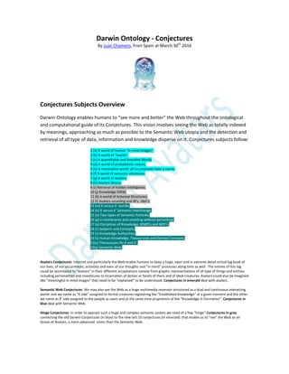 Darwin Ontology - Conjectures
By Juan Chamero, from Spain at March 30th
2016
Conjectures Subjects Overview
Darwin Ontology enables humans to “see more and better” the Web throughout the ontological
and computational guide of its Conjectures. This vision involves seeing the Web as totally indexed
by meanings, approaching as much as possible to the Semantic Web utopia and the detection and
retrieval of all type of data, information and knowledge disperse on it. Conjectures subjects follow:
1 (a) A world of human “in mind images”;
2 (b) A world of “words”;
3 (c) A quantifiable and bounded World;
4 (d) A world of probabilistic nature;
5 (e) A nominative world: all its creatures have a name;
6 (f) A world of semantic vibrations;
7 (g) A world of avatars;
8 (h) Avatars library;
9 (i) Retrieval of hidden intelligence;
10 (j) Knowledge DIKW;
11 (k) A world of Arboreal Structures;
12 (l) Avatars unveiling and IR’s, IdeI’s;
13 (m) K versus K’ worlds;
14 (n) K versus K’ Semantic interchange;
15 (o) Two types of Semantic Particles;
16 (p) e-membranes and unveiling without perturbing;
17 (q) Disciplines of Knowledge, WWD’s and WFF’s;
18 (r) Subjects and Concepts;
19 (s) Knowledge Authorities;
20 (t) Human Knowledge, Thesauruses and Derived Concepts;
21(u) Thesauruses for K and K’;
22(v) Semantic Web;
Avatars Conjectures: Internet and particularly the Web enable humans to keep a huge, open and in extreme detail virtual log book of
our lives, of our occurrences, activities and even of our thoughts and “in mind” processes along time as well. The entries of this log
could be assimilated to “avatars” in their different acceptations namely from graphic representations of all type of things and entities
including personalities and investitures to incarnation of deities or facets of them and of ideal creatures. Avatars could also be imagined
like “meaningful in mind images” that need to be “explained” to be understood. Conjectures in emerald deal with avatars.
Semantic Web Conjectures: We may also see the Web as a huge multimedia reservoir structured as a dual and continuous interacting
world: one we name as “K side” assigned to formal creatures registering the “Established Knowledge” at a given moment and the other
we name as K’ side assigned to the people as users and at the same time proprietors of the “Knowledge in Formation”. Conjectures in
blue deal with Semantic Web.
Hinge Conjectures: In order to operate such a huge and complex semantic system we need of a few “hinge” Conjectures in grey
connecting the old Darwin Conjectures (in blue) to the new last 10 conjectures (in emerald) that enable us to “see” the Web as an
Ocean of Avatars, a more advanced vision than the Semantic Web.
 