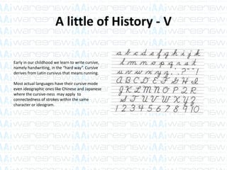 A little of History - V
Early in our childhood we learn to write cursive,
namely handwriting, in the “hard way”. Cursive
derives from Latin cursivus that means running.
Most actual languages have their cursive mode
even ideographic ones like Chinese and Japanese
where the cursive-ness may apply to
connectedness of strokes within the same
character or ideogram.
 