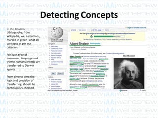 Detecting Concepts
In the Einstein
bibliography, from
Wikipedia, we, as humans,
marked in green what are
concepts as per our
criterion.
For each type of
document, language and
theme humans criteria are
transferred to Darwin
agents.
From time to time the
logic and precision of
transferring should be
continuously checked.
 