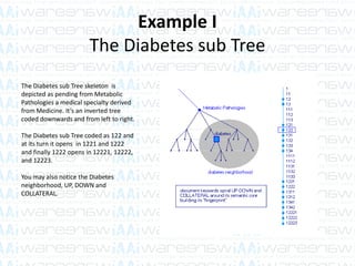Example I
The Diabetes sub Tree
The Diabetes sub Tree skeleton is
depicted as pending from Metabolic
Pathologies a medical specialty derived
from Medicine. It’s an inverted tree
coded downwards and from left to right.
The Diabetes sub Tree coded as 122 and
at its turn it opens in 1221 and 1222
and finally 1222 opens in 12221, 12222,
and 12223.
You may also notice the Diabetes
neighborhood, UP, DOWN and
COLLATERAL.
 