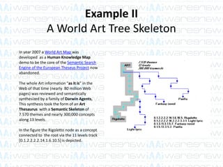 Example II
A World Art Tree Skeleton
In year 2007 a World Art Map was
developed as a Human Knowledge Map
demo to be the core of the Semantic Search
Engine of the European Theseus Project now
abandoned.
The whole Art information “as it is” in the
Web of that time (nearly 80 million Web
pages) was reviewed and semantically
synthesized by a family of Darwin Agents,
This synthesis took the form of an Art
Thesaurus with a Semantic Skeleton of
7.570 themes and nearly 300,000 concepts
along 13 levels.
In the figure the Rigoletto node as a concept
connected to the root via the 11 levels track
[0.1.2.2.2.2.14.1.6.10.5] is depicted.
 