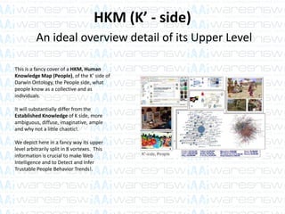 HKM (K’ - side)
An ideal overview detail of its Upper Level
This is a fancy cover of a HKM, Human
Knowledge Map (People), of the K’ side of
Darwin Ontology, the People side, what
people know as a collective and as
individuals.
It will substantially differ from the
Established Knowledge of K side, more
ambiguous, diffuse, imaginative, ample
and why not a little chaotic!.
We depict here in a fancy way its upper
level arbitrarily split in 8 vortexes. This
information is crucial to make Web
Intelligence and to Detect and Infer
Trustable People Behavior Trends!.
 