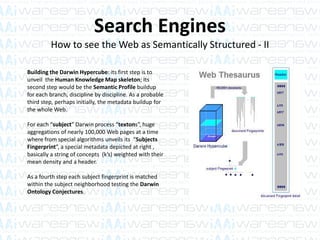 Search Engines
How to see the Web as Semantically Structured - II
Building the Darwin Hypercube: its first step is to
unveil the Human Knowledge Map skeleton; Its
second step would be the Semantic Profile buildup
for each branch, discipline by discipline. As a probable
third step, perhaps initially, the metadata buildup for
the whole Web.
For each “subject” Darwin process “textons”, huge
aggregations of nearly 100,000 Web pages at a time
where from special algorithms unveils its “Subjects
Fingerprint”, a special metadata depicted at right ,
basically a string of concepts (k’s) weighted with their
mean density and a header.
As a fourth step each subject fingerprint is matched
within the subject neighborhood testing the Darwin
Ontology Conjectures.
 