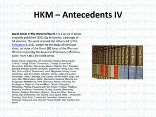 HKM – Antecedents IV
Great Books of the Western World it is a series of books
originally published (1952) by Britannica, a package of
54 volumes. This work is based and influenced by the
Syntopicon (1952), Center for the Study of the Great
Ideas, an index of the Great 102 Ideas of the Western
World compiled by the American Philosopher Mortimer
Adler. From A to Z are listed below.
Angel, Animal, Aristocracy, Art, Astronomy, Beauty, Being, Cause,
Chance, Change, Citizen, Constitution, Courage, Custom and
Convention, Definition, Democracy, Desire, Dialectic, Duty, Education,
Element, Emotion, Eternity, Evolution, Experience, Family, Fate, Form,
God, Good and Evil, Government, Habit, Happiness, History, Honor,
Hypothesis, Idea, Immortality, Induction, Infinity, Judgment, Justice,
Knowledge, Labor, Language, Law, Liberty, Life and Death, Logic, and
Love, Man, Mathematics, Matter, Mechanics, Medicine, Memory and
Imagination, Metaphysics, Mind, Monarchy, Nature, Necessity and
Contingency, Oligarchy, One and Many, Opinion, Opposition,
Philosophy, Physics, Pleasure and Pain, Poetry, Principle, Progress,
Prophecy, Prudence, Punishment, Quality, Quantity, Reasoning,
Relation, Religion, Revolution, Rhetoric, Same and Other, Science,
Sense, Sign and Symbol, Sin, Slavery, Soul, Space, State, Temperance,
Theology, Time, Truth, Tyranny and Despotism, Universal and
Particular, Virtue and Vice, War and Peace, Wealth, Will, Wisdom, and
World.
 